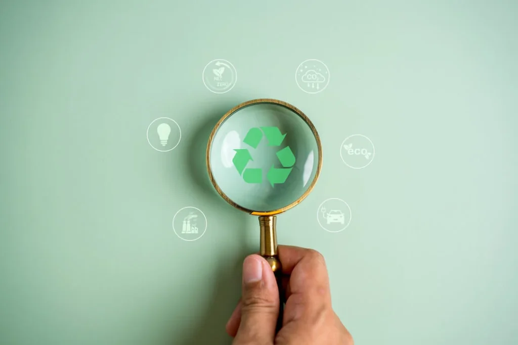 magnifying glass focusing on the recycle symbol surrounded by other energy related icons