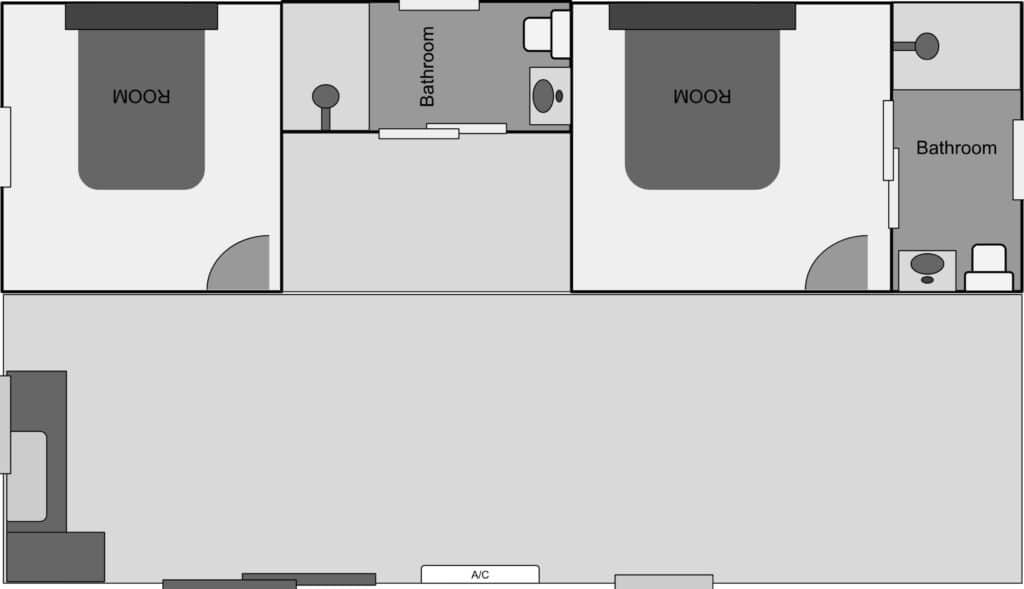 Roomi portable building floor plan showing two rooms, two bathrooms, and living area