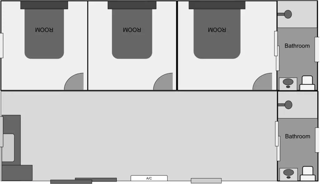Floor plan of a Roomi portable building with multiple rooms and bathrooms