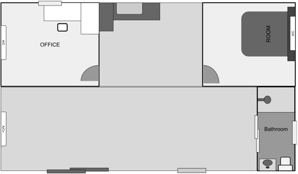 Floor plan layout of a Roomi portable building with office, room, and bathroom